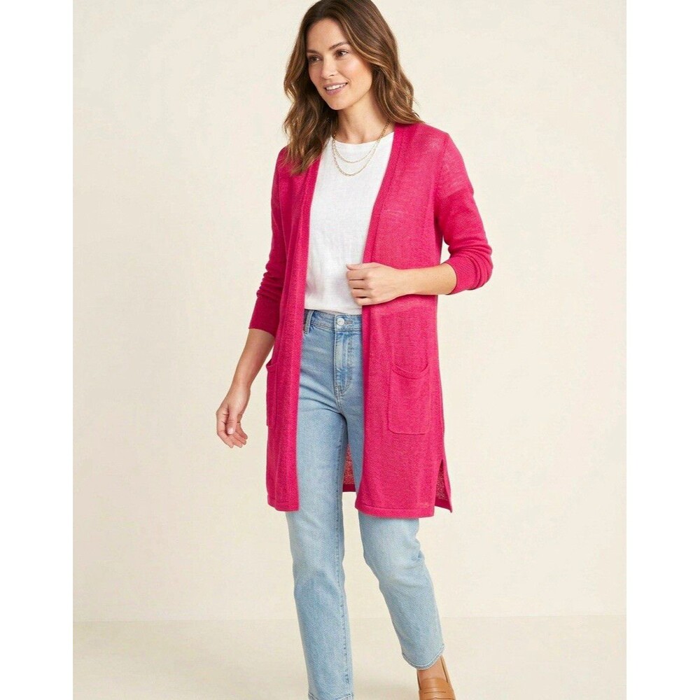 J. Jill Long Hot Pink Linen Blend Open Front Cardigan Sweater Pockets Size M